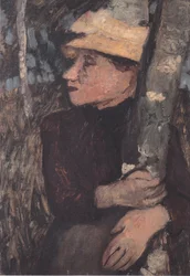 Woman with Straw Hat Between Birches